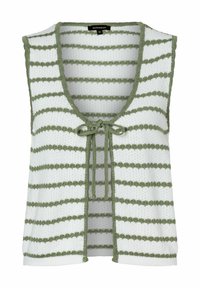 Strick-Tanktop ohne Ärmel mit tiefem V-Ausschnitt, das abwechselnd grüne und weiße horizontale Streifen aufweist und eine Bindeschließe an der Vorderseite hat.