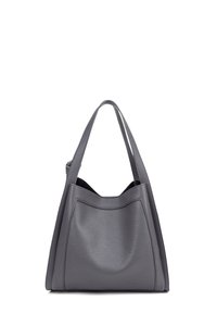 Borsa tote in pelle grigia con una finitura texturizzata, dotata di due manici e un'apertura superiore curva e semplice. Nessun hardware o decorazioni.