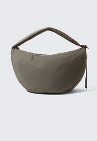 Hobo-style bag in olive green fabric with a smooth, slightly crinkled texture. Features a wide, padded handle and a curved, soft shape.