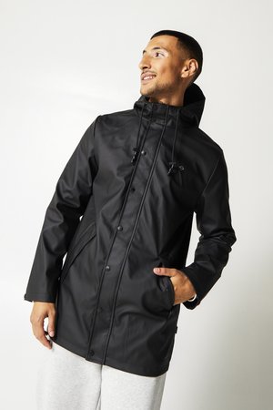 Black waterproof jacket with a hood, front buttons, adjustable drawstrings, and side pockets. Smooth texture, modern design, and practical features.