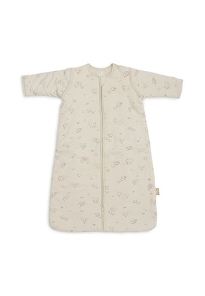 Beige baby slaapzak met lange mouwen, rits aan de voorkant en kleine bruine schapen en bomen patroon over de hele slaapzak.