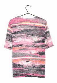 Short-sleeve T-shirt featuring a mix of pink, black, and orange stripes, with a textured pattern and geometric accents.
