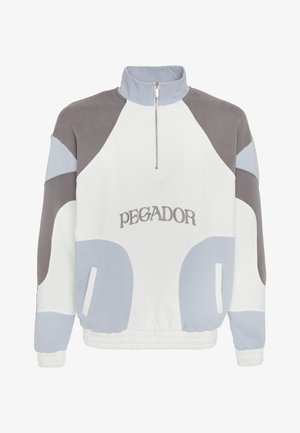 High-neck, quarter-zip sweatshirt in white, gray, and light blue with "PEGADOR" text on front and elastic cuffs and hem.