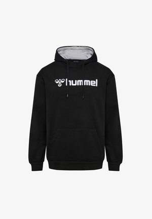 Zwarte hoodie gemaakt van een katoenmix, met een voorvak, een capuchon met trekkoord en een groot wit "hummel" logo op de borst.