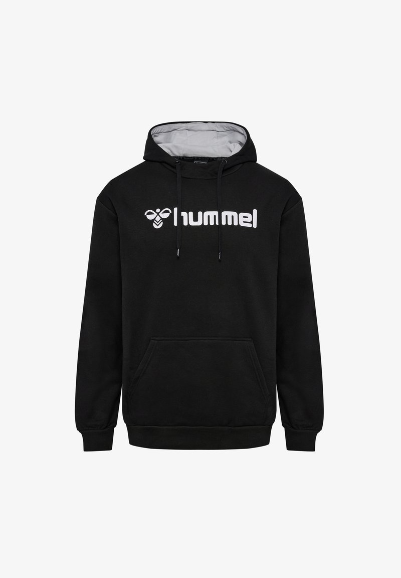 Svart hoodie i bomullsblandning, med en framficka, dragsko i huvan och stor vit "hummel"-logotyp på bröstet.