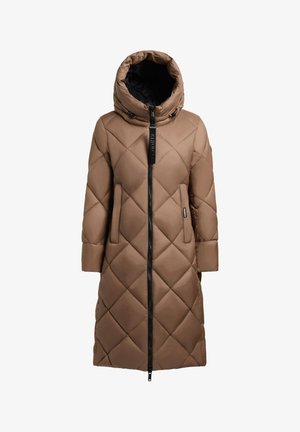 Brauner, gesteppten Puffer-Mantel mit hohem Kragen, zwei Seitentaschen und einem Frontreißverschluss. Verfügt über eine glänzende, glatte Stofftextur und eine entspannte Passform.