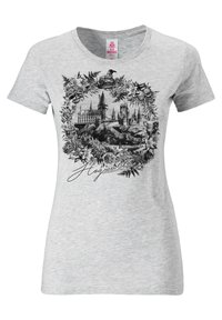 Gray cotton t-shirt featuring a black and white graphic of a castle surrounded by botanical elements and the word "Hogwarts" in cursive.