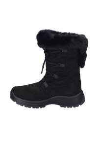 Svart mocka vinterstövel med en faux fur-kant, snörning fram och en texturerad gummisula för bra grepp. Rund tå och vadderad ovandel.