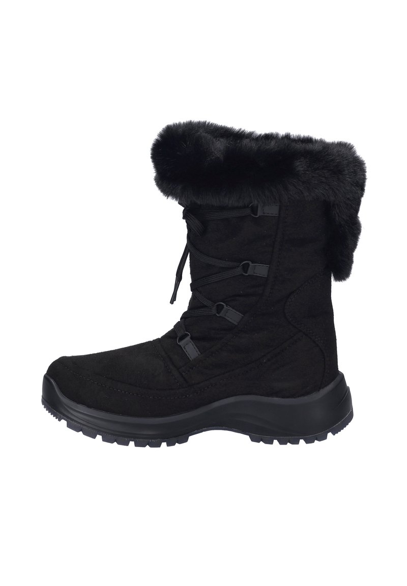 Svart mocka vinterstövel med en faux fur-kant, snörning fram och en texturerad gummisula för bra grepp. Rund tå och vadderad ovandel.