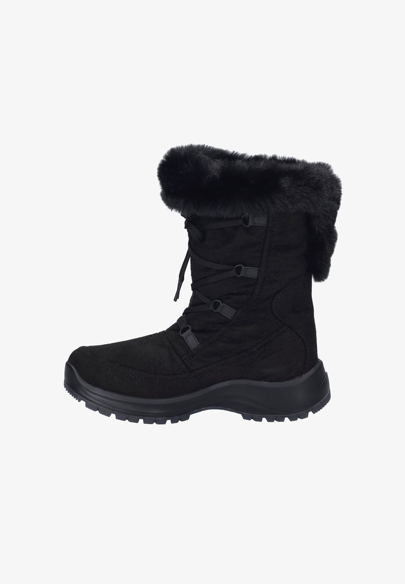 Svart mocka vinterstövel med en faux fur-kant, snörning fram och en texturerad gummisula för bra grepp. Rund tå och vadderad ovandel.