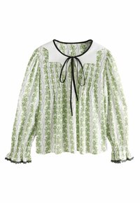 Blusa bianca con motivo floreale verde, presenta un ampio colletto, cravatta nera e maniche arricciate con bordo nero; design plissettato su tutta la superficie.