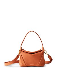 Orange leather handbag with a soft, structured design, featuring a top handle and detachable shoulder strap. Gold hardware accents.