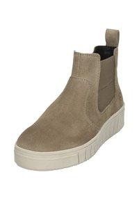 Beige Wildleder-Stiefeletten mit elastischen seitlichen Einsätzen, einer runden Schuhspitze und einer dicken weißen Gummisohle mit vertikalen Rillen.