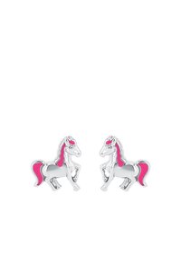 Orecchini a forma di unicorno color argento con accenti rosa. Ogni unicorno è in posizione di rinforzo, con dettagli intricati e una texture liscia.