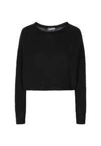 Pull court noir à manches longues, en tissu tricoté texturé. Présente un col rond et une coupe décontractée. Pas de matériel ou de motifs visibles.