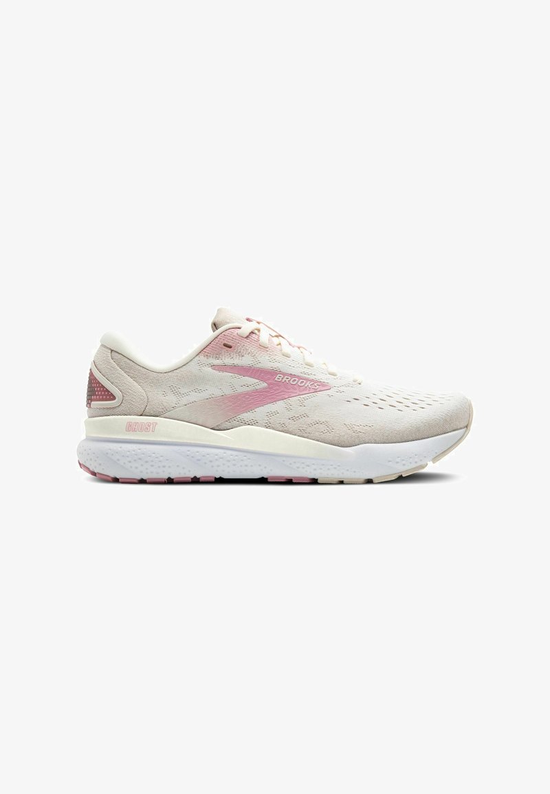 Light pink athletic shoes with a breathable upper mesh, white midsole, and pink accents, featuring a rounded toe and textured sole.