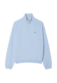 Sudadera azul claro con cuello alto y cremallera de cuarto. Presenta un pequeño logotipo bordado en el pecho y puños acanalados. Material de mezcla de algodón.