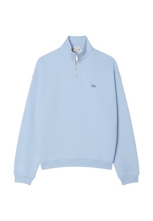 Hellblaues Sweatshirt mit hohem Kragen und Viertelreißverschluss. Verfügt über ein kleines gesticktes Logo auf der Brust und gerippte Bündchen. Material aus Baumwollmischung.