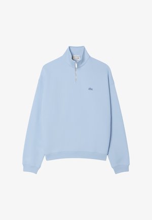 Hellblaues Sweatshirt mit hohem Kragen und Viertelreißverschluss. Verfügt über ein kleines gesticktes Logo auf der Brust und gerippte Bündchen. Material aus Baumwollmischung.