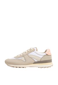 Beige nubuk- ja võrgusneaker valgete ja pehme roosa aktsentidega, millel on tekstuuriga disain, ümar varvas ja paeltega sulgemine.