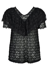 Svart spetsöverdel med vågig halsringning och korta ärmar. Semitransparent material med ett blommönster och en V-formad rygg.