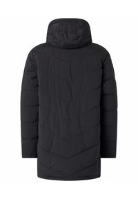 Giacca nera imbottita con cappuccio, caratterizzata da un motivo a zigzag e una texture trapuntata. Il design è di lunghezza intermedia con maniche lunghe.