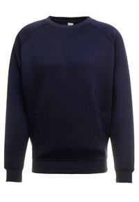 Tamno plavi dukserica od mekog materijala, sa okruglim izrezom, rebrastim manžetama i donjim rubom, te dvije bočne džepove sa zatvaračem.