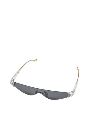 Tanke, pravokotne temno tonirane sončna očala z jasno plastičnimi tečaji in tankimi bež ročaji, ukrivljenimi na koncih.