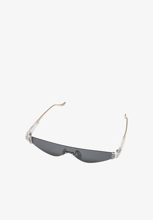 Slim, rectangular dark tinted sunglasses with clear plastic hinges and thin beige arms curved at the ends.