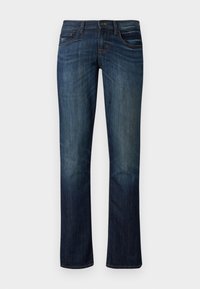 Vaqueros de denim azul oscuro con piernas rectas, cinco bolsillos, un ligero desgaste y acentos de costura. Fabricados con un tejido suave y duradero.