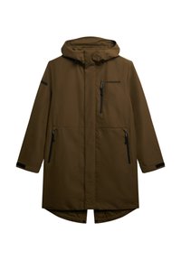 Brązowa wodoodporna parka z kapturem, z centralnym zamkiem błyskawicznym, kieszeniami na zamek błyskawiczny oraz elastycznymi mankietami. Gładka tekstura i luźny krój.