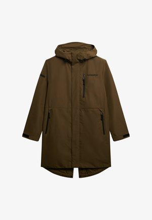 Brązowa wodoodporna parka z kapturem, z centralnym zamkiem błyskawicznym, kieszeniami na zamek błyskawiczny oraz elastycznymi mankietami. Gładka tekstura i luźny krój.