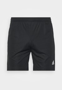 Pantalones cortos deportivos negros confeccionados con una tela ligera y suave. Cuentan con una cintura elástica y un pequeño logo plateado en la parte inferior derecha.