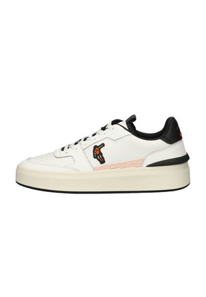 Baskets en cuir blanc avec des accents noirs, semelle en caoutchouc plate, bout rond et détail brodé orange sur le côté. Lacets et doublure textile inclus.