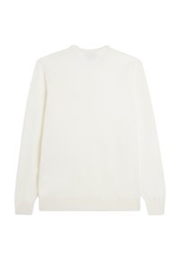Maglione bianco realizzato in tessuto morbido. Presenta maniche lunghe, collo a giro e orli a costine. Design minimalista senza loghi o motivi visibili.