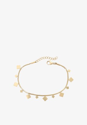 Arany karkötő rugalmas lánccal és négyzet alakú, különböző méretű díszítésekkel. Tartalmaz egy homárzárat és állítható láncot.