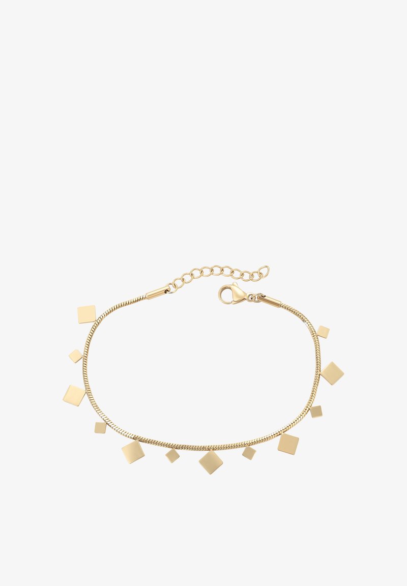Bracciale d'oro con una catena flessibile e accenti quadrati di diverse dimensioni. Presenta un gancio a molla e un'estensione della catena regolabile.