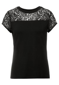Top negro de manga corta con detalles de encaje en los hombros y la parte superior del pecho, con escote redondo.