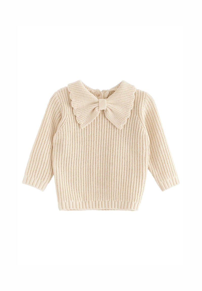 Pull bébé tricoté de couleur crème avec manches longues et grand col nœud côtelé.