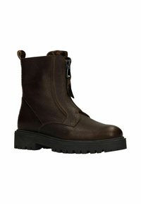 Brown leather ankle boot with textured surface, side zipper closure, reinforced heel, and a chunky black rubber sole.