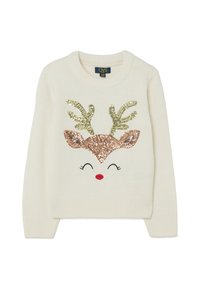 Cremfarbener Pullover mit einem Rentierdesign, das mit goldenen und roségoldenen Pailletten verziert ist, schwarzen gestickten Augen und einer roten Nase.