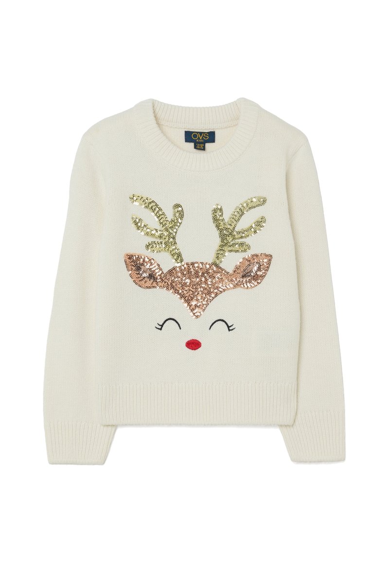 Cremfarbener Pullover mit einem Rentierdesign, das mit goldenen und roségoldenen Pailletten verziert ist, schwarzen gestickten Augen und einer roten Nase.