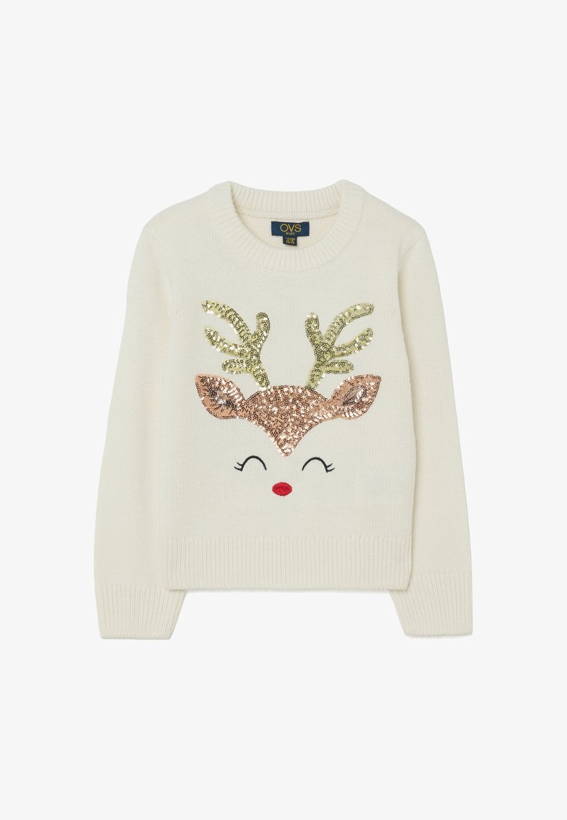 Cremfarbener Pullover mit einem Rentierdesign, das mit goldenen und roségoldenen Pailletten verziert ist, schwarzen gestickten Augen und einer roten Nase.