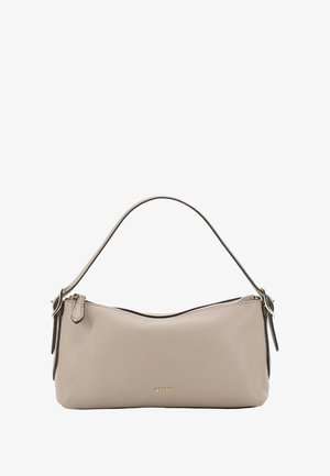 Kleine taubefarbene Leder-Schultertasche mit einem einzigen Tragegurt, obere Reißverschlusstasche, goldfarbenem "abro"-Logo und seitlichen Schnallendetails.