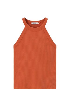Haut sans manches côtelé orange rouille à col licou rond avec étiquette de marque à l'intérieur du col.