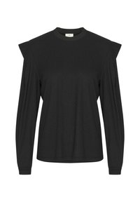 Top negru cu mâneci lungi, realizat dintr-un material texturat, cu croi rotund la gât și accente pliée pe umeri. Design simplu cu o croială lejeră.