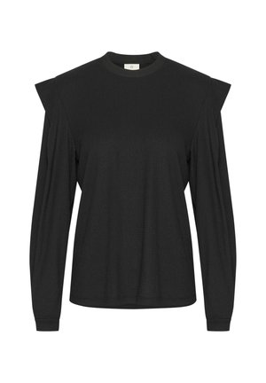 Top nero a maniche lunghe con tessuto testurizzato, scollatura tonda e dettagli plissettati sulle spalle. Design semplice con una vestibilità rilassata.