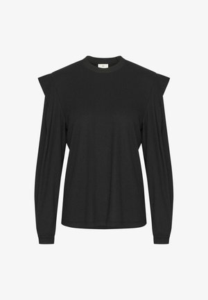 Fekete, hosszú ujjú felső texturált anyagból, lekerekített nyakkivágással és pliszírozott válldíszekkel. Egyszerű kialakítás, laza szabással.