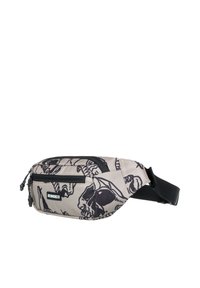 Fanny pack van beige stof met een zwart schedelpatter. Voorzien van een voorvak met rits en een verstelbare band.