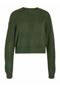 Pull tricoté vert court avec une texture côtelée, encolure ronde et manches longues. Comprend des coutures latérales et un ourlet inférieur ajusté.